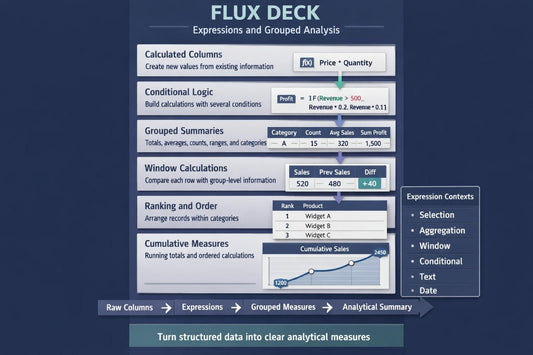 A digital infographic explaining the 'Flux Deck' expressions and grouped analysis tool, featuring a dark blue background, white and light blue interface panels, and a sidebar detailing expression contexts.