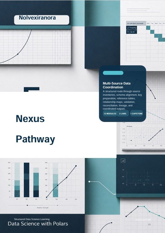 A digital cover or promotional graphic for a data science course titled 'Nexus Pathway' with the brand 'Nolvexiranora'. The design features a modern layout with dark teal, light teal, and white sections, containing various infographic charts, graphs, and text blocks.