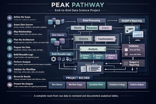 A dark navy infographic titled 'PEAK PATHWAY' for the End-to-End Data Science Project, showing a flowchart of data processing steps from data sourcing to output and reporting, with labeled boxes, icons, and a project record section at the bottom.