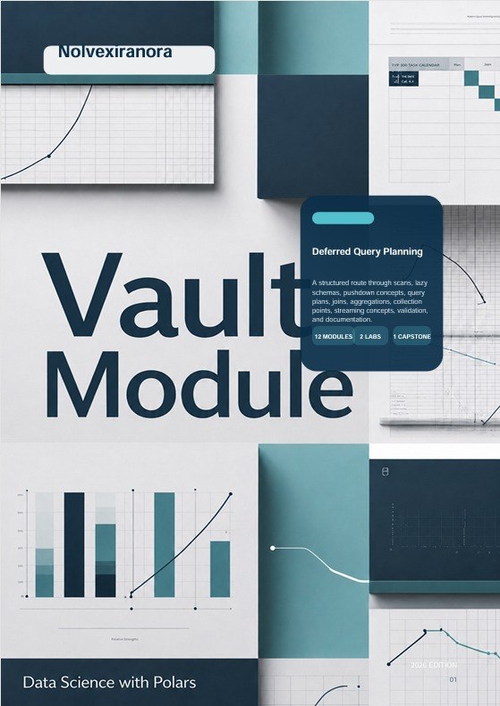 A digital cover or promotional graphic for a 'Vault Module' data science tool, featuring dark navy and teal UI panels with charts, graphs, and text on a light gray background.
