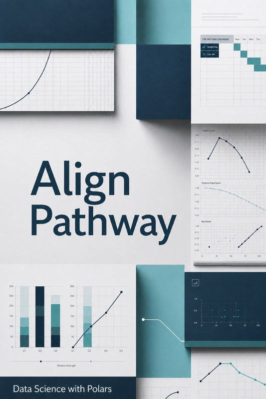 A book or guide cover titled 'Align Pathway' with large dark blue text on a white background and multiple teal, navy, and white data visualization panels arranged around it. The bottom text reads 'Data Science with Polars'.