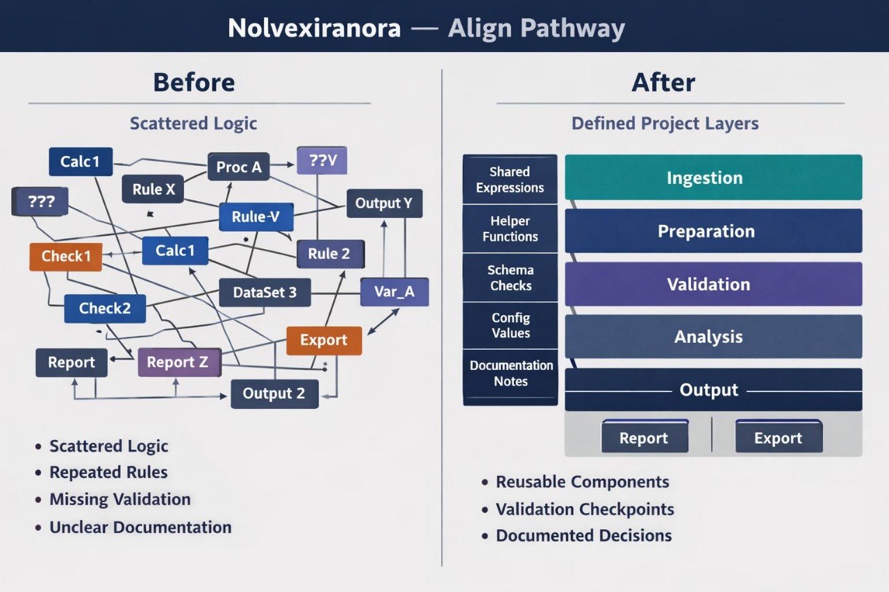 A comparison infographic titled 'Nolvexiranora — Align Pathway' showing a 'Before' state with a messy, tangled scattered logic diagram and an 'After' state with a clean, structured project-layer diagram on a light gray background.