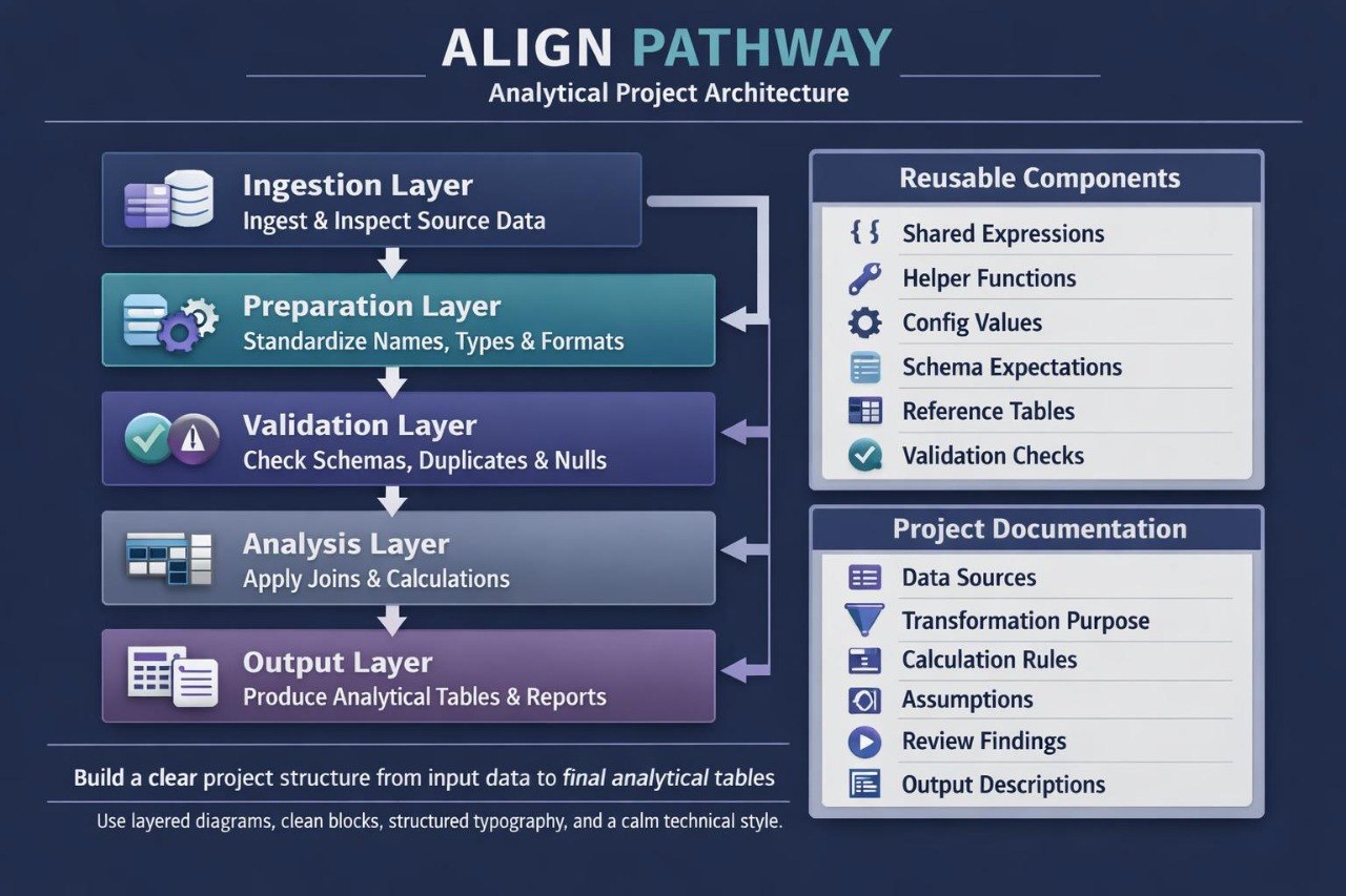 A digital infographic titled 'ALIGN PATHWAY' showing an 'Analytical Project Architecture' flowchart. The diagram features colored blocks for 'Ingestion Layer', 'Preparation Layer', 'Validation Layer', 'Analysis Layer', and 'Output Layer' connected by arrows, alongside a 'Reusable Components' section and 'Project Documentation' list on a dark blue background.