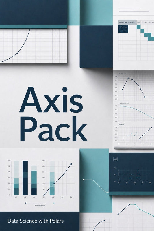 A digital cover graphic for a data science asset pack titled 'Axis Pack' with the subtitle 'Data Science with Polars'. The design features a modern layout with dark teal, light teal, and white sections displaying various data visualization templates like bar charts, line graphs, and heatmaps.