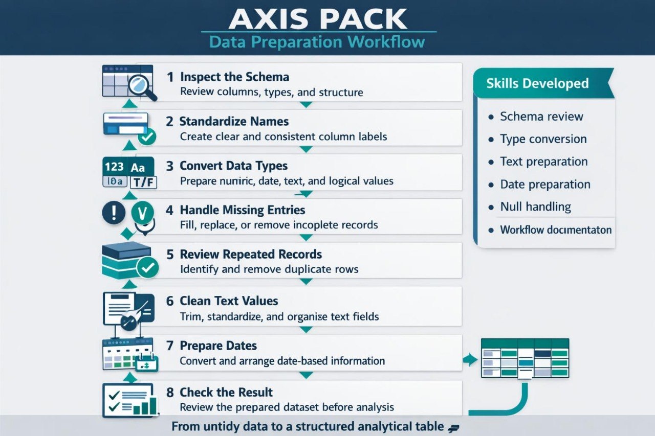 An infographic titled 'AXIS PACK Data Preparation Workflow' showing a step-by-step process for cleaning and transforming datasets, with a sidebar listing skills developed such as schema review, type conversion, and text preparation.