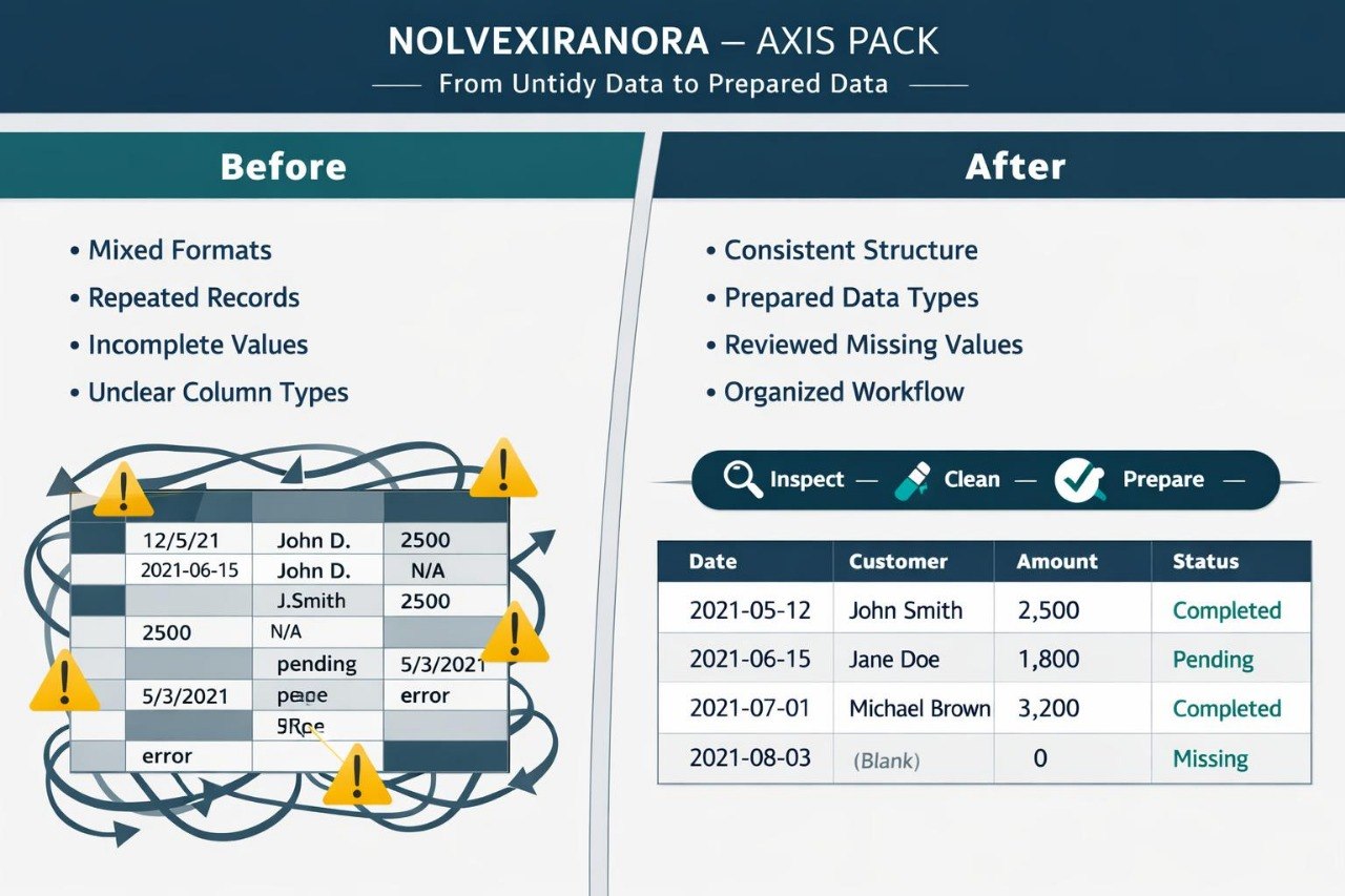 A digital infographic titled 'NOLVEXIRANORA - AXIS PACK' comparing a messy 'Before' data table with a clean 'After' data table. The graphic uses a teal, white, and dark teal color scheme with yellow warning icons and arrows showing data transformation benefits.