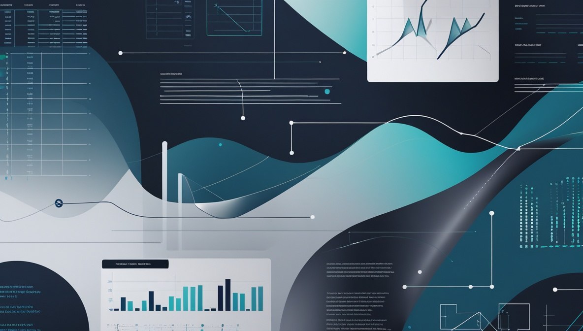 Abstract digital background featuring layered wavy shapes in dark blue, teal, and gray, overlaid with charts, graphs, data lines, and dashboard-style UI elements.