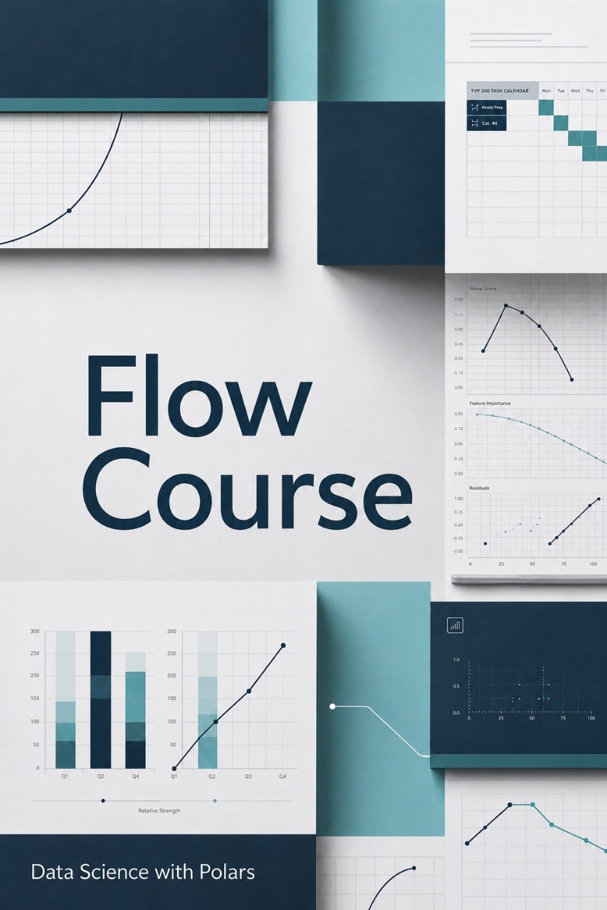 A digital cover or promotional graphic for a course titled 'Flow Course' with subtitle 'Data Science with Polars'. The design features a clean layout with dark navy blue and teal geometric blocks, white background panels, and various line charts, bar graphs, and flow diagrams.