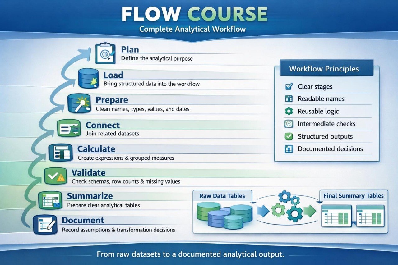 A digital infographic titled 'FLOW COURSE' showing a complete analytical workflow with steps from Plan to Document, including icons and a 'Workflow Principles' box on a blue gradient background.