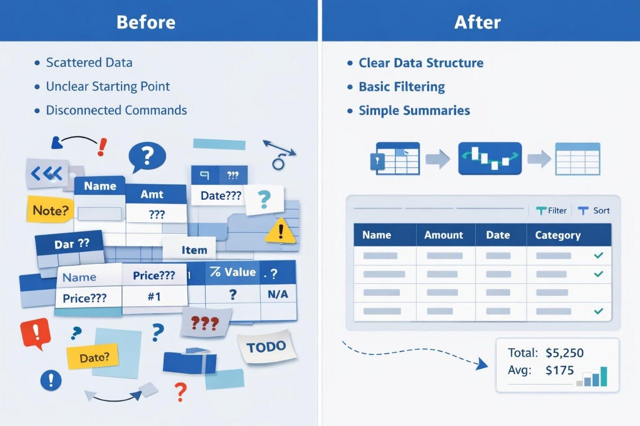 A before-and-after comparison graphic for data organization, with the left side labeled 'Before' showing scattered, unclear data and the right side labeled 'After' showing a clear structured table with simple summaries.