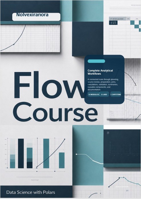 A digital cover design for a free data science course set titled 'Flow Course' and 'Data Science with Polars'. The layout features a modern, clean aesthetic with dark navy blue and teal blocks, white grids, and various chart and graph illustrations.