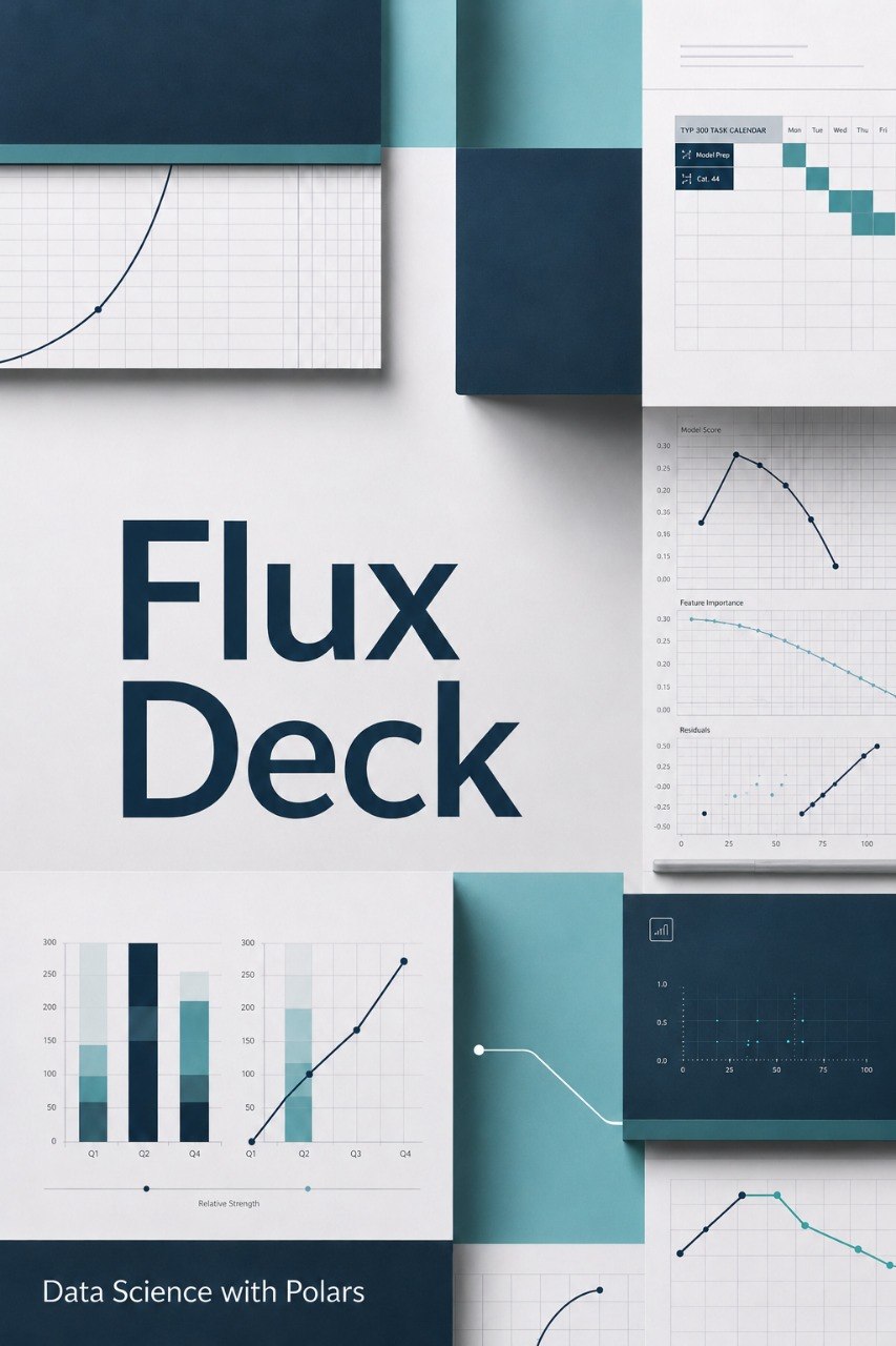 A flat-lay presentation of a data science deck titled 'Flux Deck' with various slide designs featuring charts, graphs, and data visualizations in a clean, modern color palette of navy blue, teal, and white.
