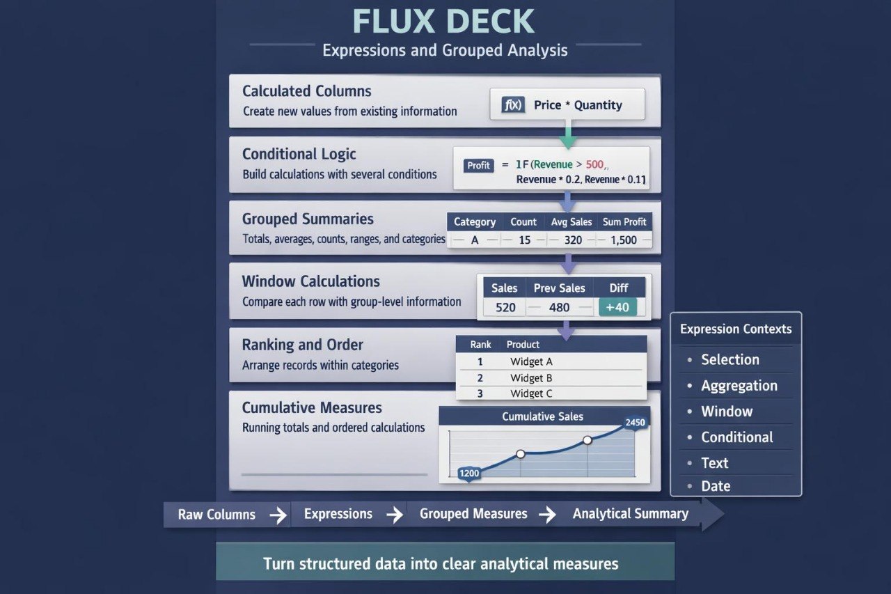 A digital infographic explaining the 'Flux Deck' expressions and grouped analysis tool, featuring a dark blue background, white and light blue interface panels, and a sidebar detailing expression contexts.