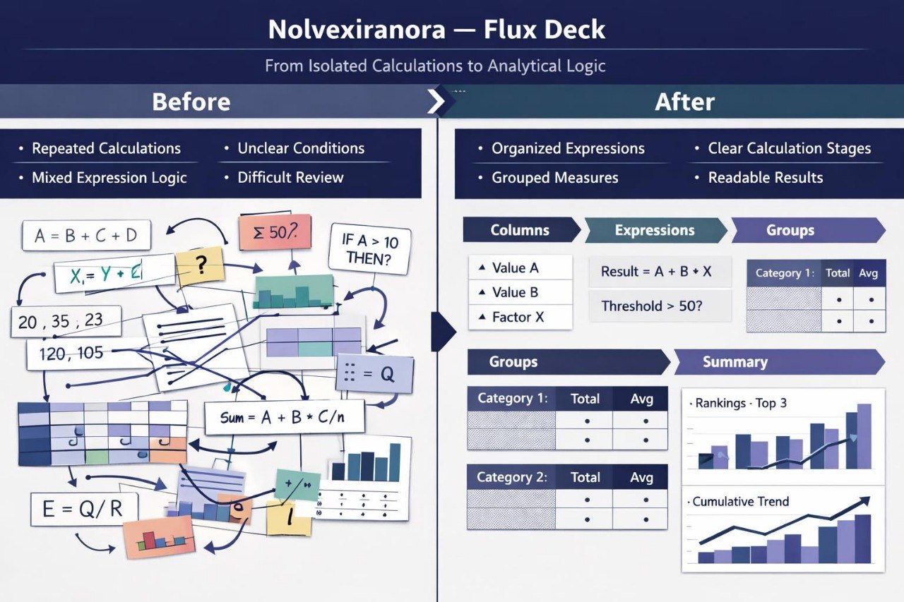 A digital infographic titled 'Nolvexirana - Flux Deck' showing a comparison between 'Before' and 'After' states of calculation and logic. The 'Before' section features messy, handwritten mathematical equations and arrows, while the 'After' section displays organized, structured tables, expressions, and charts with clean, professional UI elements.