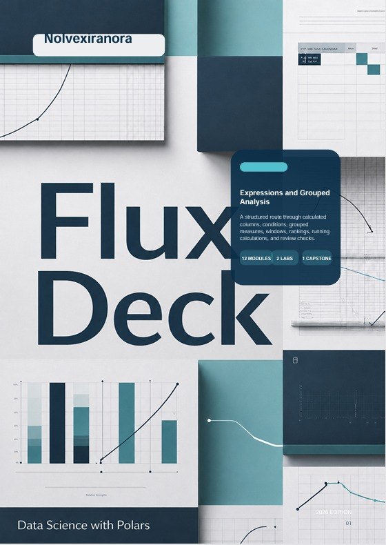 A digital cover design for a data science deck titled 'Flux Deck' with the name 'Nolvexiranora' at the top. The layout features dark navy and teal charts, graphs, and boxes on a white background, with text including 'Expressions and Grouped Analysis' and 'Data Science with Polars'.