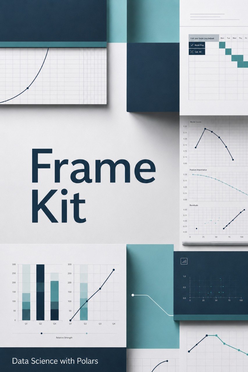 A digital cover for a 'Frame Kit' template set, featuring various data visualization slide designs in shades of teal, navy, and white. The title 'Frame Kit' is displayed prominently in dark navy text on a light gray background.