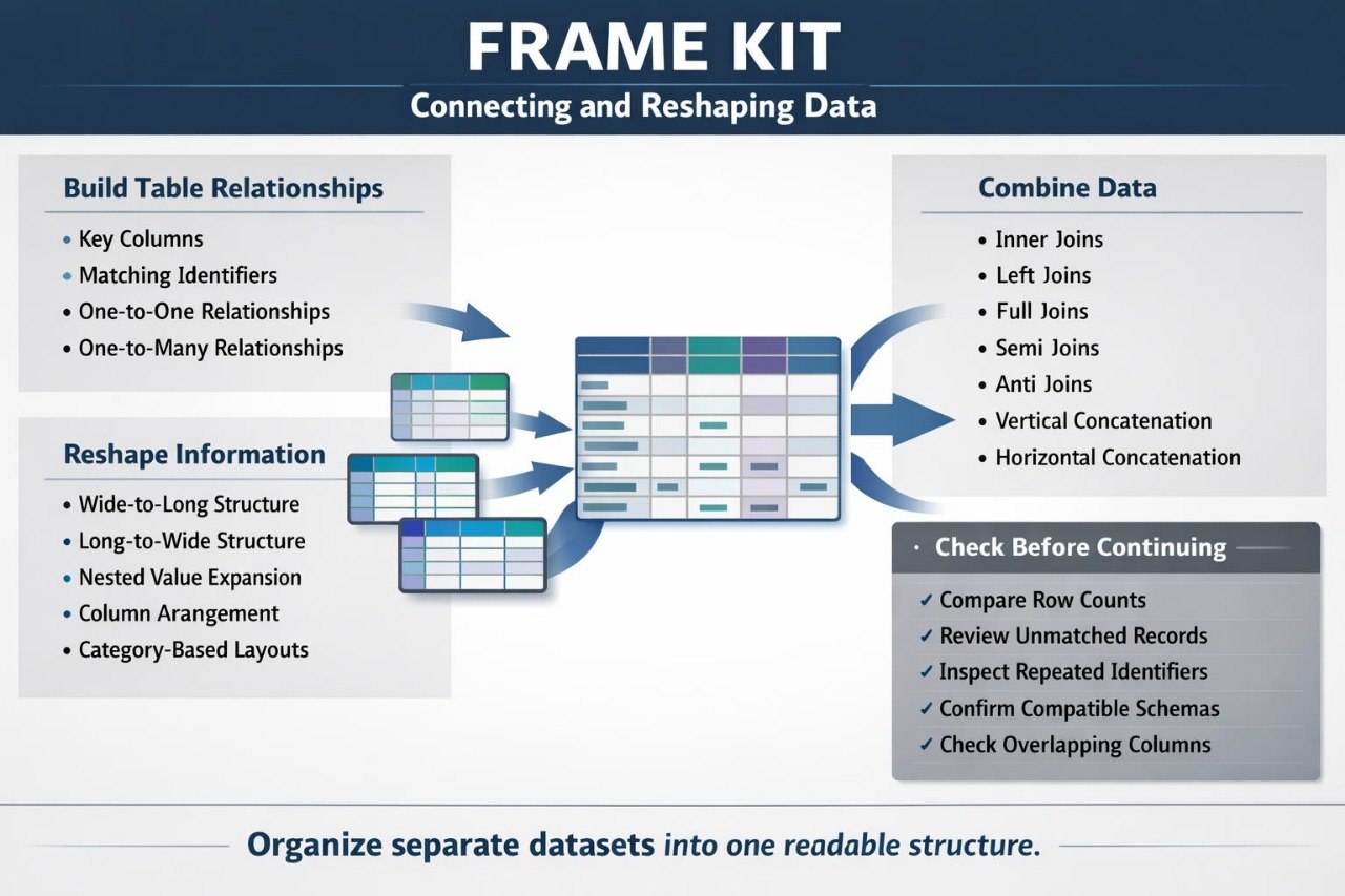 An infographic titled 'FRAME KIT' explaining how to connect and reshape data, with text boxes on the left and right, arrows pointing to a central database table diagram, and a dark blue header and footer on a white background.