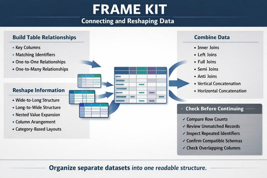 An infographic titled 'FRAME KIT' explaining how to connect and reshape data, with text boxes on the left and right, arrows pointing to a central database table diagram, and a dark blue header and footer on a white background.