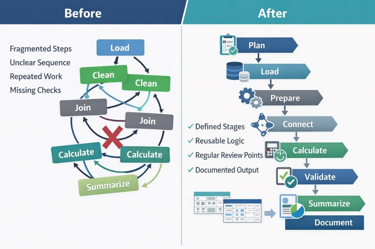 A before-and-after workflow comparison diagram showing a messy, fragmented calculation process on the left labeled 'Before' and a streamlined, documented process on the right labeled 'After'. The left diagram features a circular flow with steps like Load, Clean, Join, Calculate, and Summarize, highlighted by a red 'X' in the center.