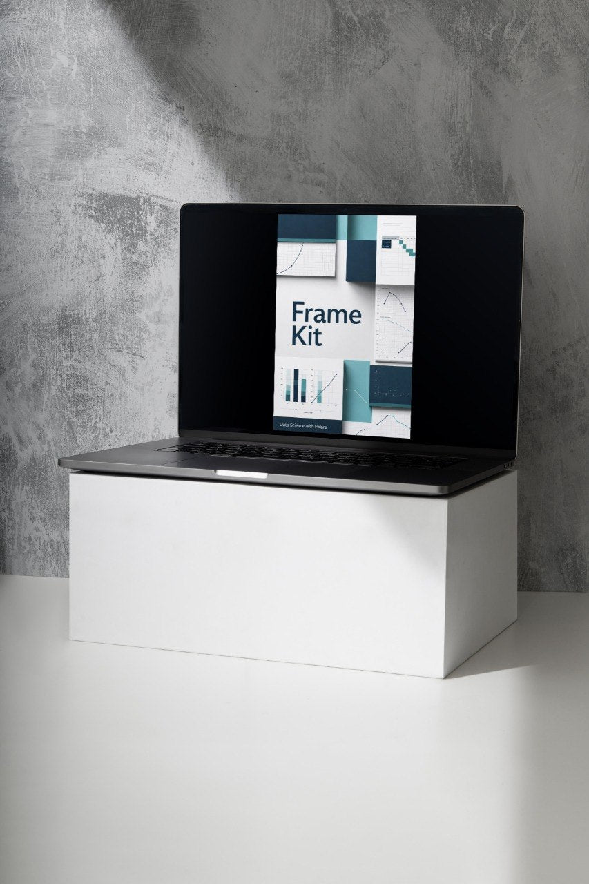 A black laptop sits open on a white pedestal against a textured gray wall, displaying a cover titled 'Vertex Guide' on its screen.