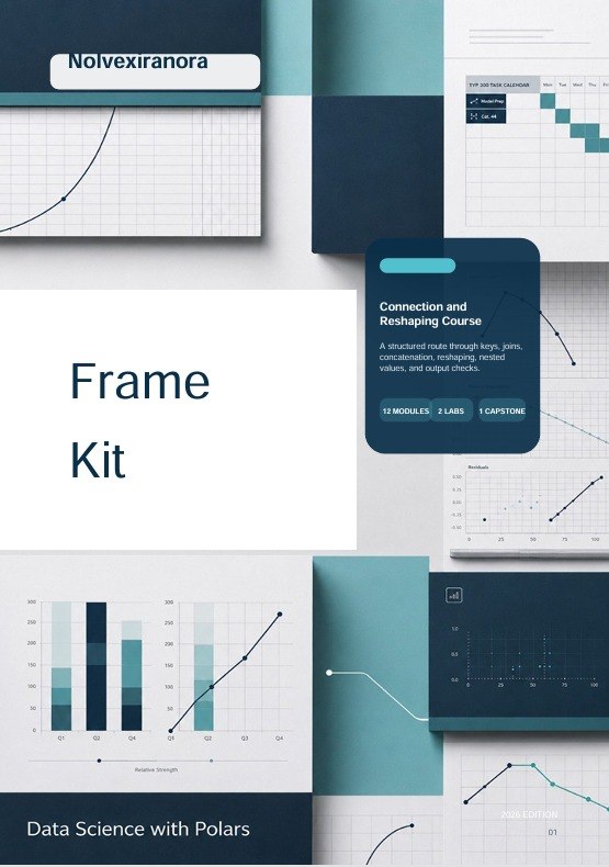 A digital cover and preview collage for a data science course or template kit titled 'Frame Kit' and 'Data Science with Polars.' The design uses a clean geometric layout with white, dark teal, and blue panels, charts, and text blocks.