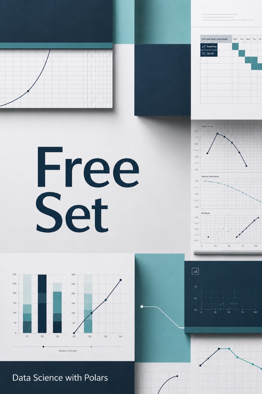 A digital cover or promotional graphic for a data science template set titled 'Free Set' with the subtitle 'Data Science with Polars'. The design features a clean, modern layout with various data visualization charts, graphs, and bar plots in shades of teal, navy, and white.