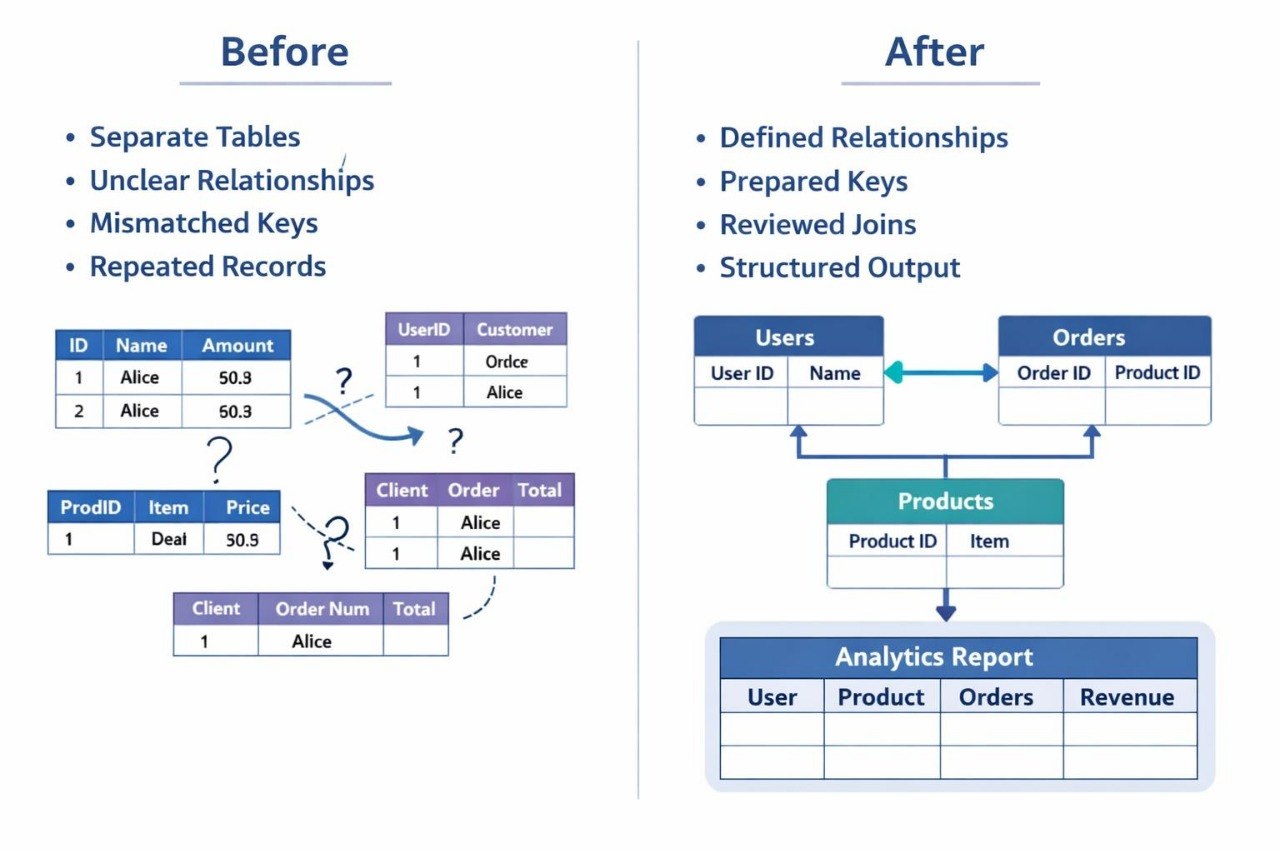 A digital infographic comparing a traditional relational database schema ('Before') with an optimized normalized schema ('After'). The 'Before' section lists issues like separate tables, unclear relationships, and mismatched keys, accompanied by a visual diagram of a 'Product' table joining with 'Client' and 'User' tables.