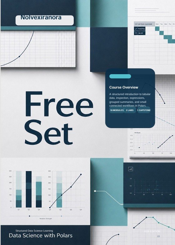 A digital cover design for a free data science course set titled 'Free Set' and 'Data Science with Polars'. The layout features a modern, clean aesthetic with dark navy blue and teal blocks, white grids, and various chart and graph illustrations.