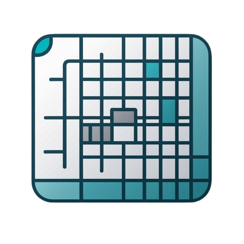 A stylized square icon or app-style graphic showing a grid layout with teal and gray blocks on a white background, surrounded by a dark teal border.