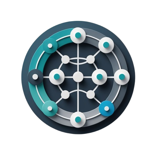 A circular digital graphic featuring a stylized network or node diagram with teal, blue, white, and dark gray elements on a solid white background.