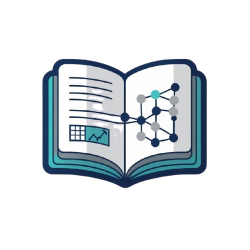 A stylized vector illustration of an open book with teal and navy blue pages, featuring simple diagrams and charts on the cover, set against a solid white background.