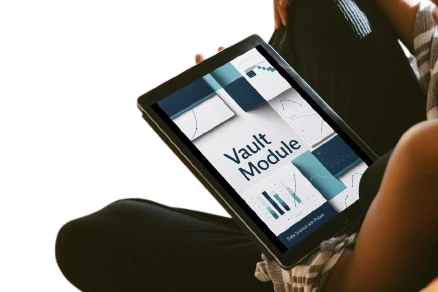 A person sitting cross-legged holds a tablet displaying a digital course or module titled 'Vault Module' against a bright white background.