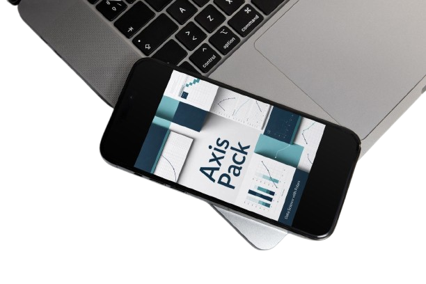 A smartphone lying diagonally across an open silver laptop on a white background, displaying a presentation slide titled 'Axis Pack' with teal and white geometric charts.