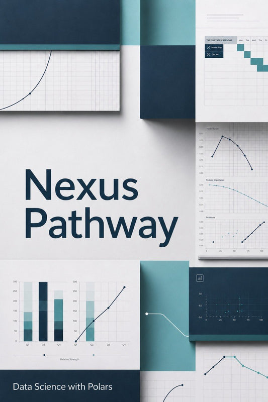 A book or digital cover design titled "Nexus Pathway" with the subtitle "Data Science with Polars." The cover features a clean layout with dark teal, aqua, white, and navy blocks, plus several chart and graph panels arranged around the title.
