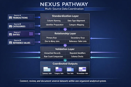 A dark blue technical diagram titled 'NEXUS PATHWAY' showing a multi-source data coordination workflow with labeled layers: Standardization Layer, Relationship Layer, Validation Layer, and Coordinated Outputs. Arrows and icons indicate data flow from source tables such as transactions, categories, dates, and reference values.