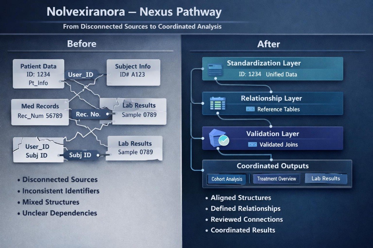 A dark blue infographic titled 'Nolvexiranora – Nexus Pathway' comparing a 'Before' state with an 'After' state for patient data integration. The left 'Before' section shows disconnected data elements like patient data ID, user ID, and lab results.