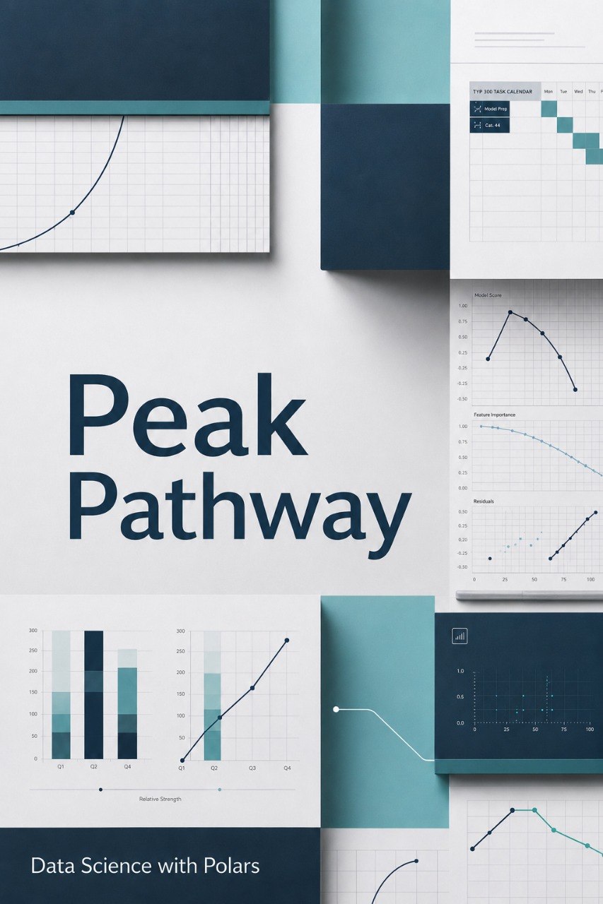 A digital cover or promotional graphic for a data science resource titled 'Peak Pathway' with the subtitle 'Data Science with Polars'. The design features a clean, modern layout with various data visualization charts, graphs, and bar charts in shades of teal, navy blue, and white.