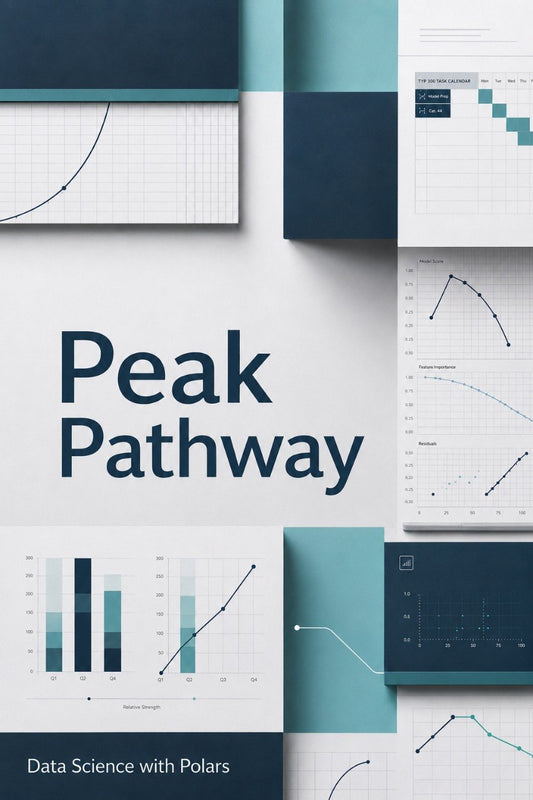 A digital cover or promotional graphic for a data science resource titled 'Peak Pathway' with the subtitle 'Data Science with Polars'. The design features a clean, modern layout with various data visualization charts, graphs, and bar charts in shades of teal, navy blue, and white.