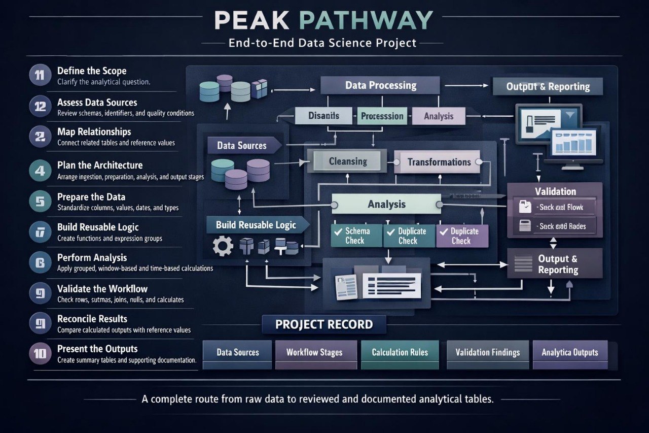 A dark navy infographic titled 'PEAK PATHWAY' for the End-to-End Data Science Project, showing a flowchart of data processing steps from data sourcing to output and reporting, with labeled boxes, icons, and a project record section at the bottom.