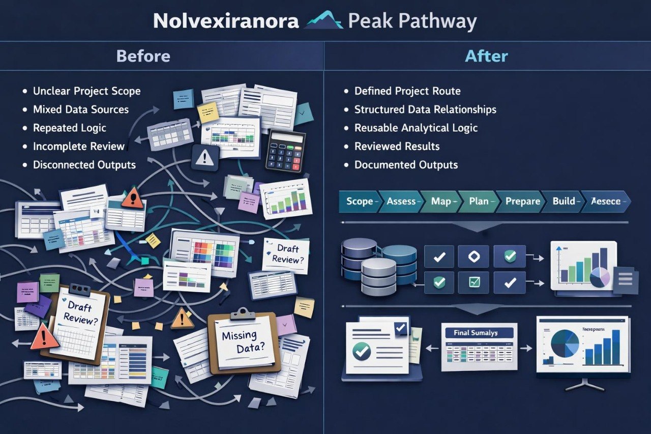 A digital infographic titled 'Nolvexiranora Peak Pathway' comparing a messy 'Before' state with a clean 'After' state. The left side shows a cluttered workflow with various document icons, warning signs, and messy notes under the heading 'Before'.