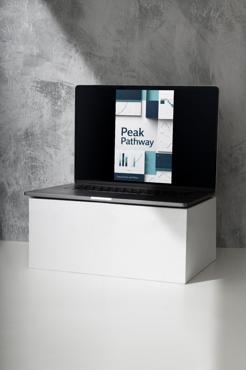 A black laptop sits open on a white pedestal against a textured gray wall, displaying a book or guide cover titled 'Peak Pathway' on the screen.