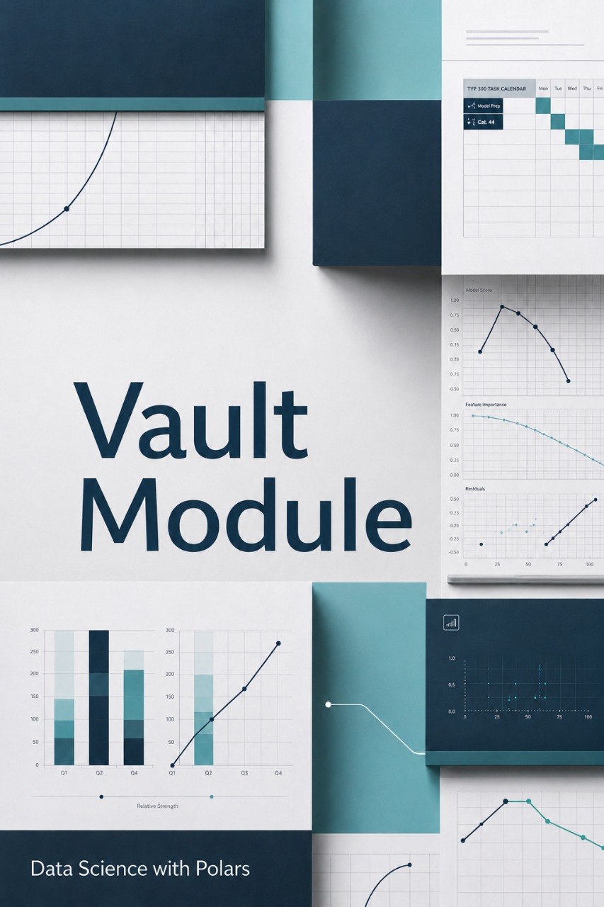 A digital cover or promotional graphic for a data science module titled 'Vault Module' with charts, graphs, and teal geometric panels on a white background.