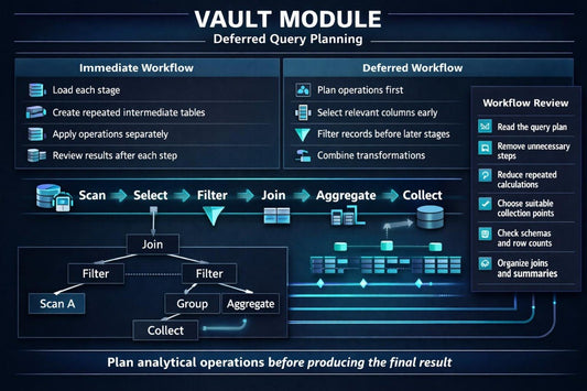 An infographic diagram titled 'VAULT MODULE Deferred Query Planning' with dark blue and black panels, white and cyan text, and flowcharts showing immediate and deferred workflow steps, database operations, and a workflow review sidebar.