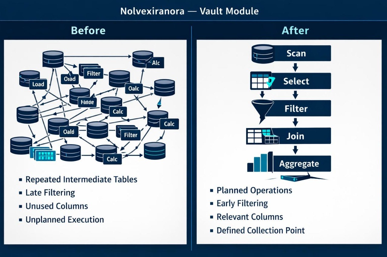A comparison infographic titled 'Nolvexiranora — Vault Module' showing a database query flow diagram labeled 'Before' with multiple intermediate tables and 'After' with streamlined 'Scan', 'Select', 'Filter', 'Join', and 'Aggregate' steps.