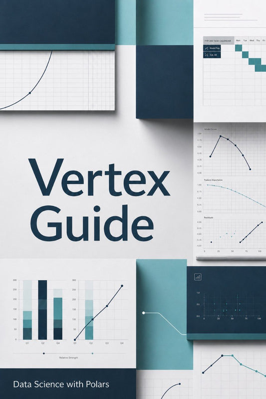 A book or guide cover titled "Vertex Guide" with the subtitle "Data Science with Polars," shown on a white background with overlapping panels containing charts, graphs, and data visualizations in navy, teal, and white.