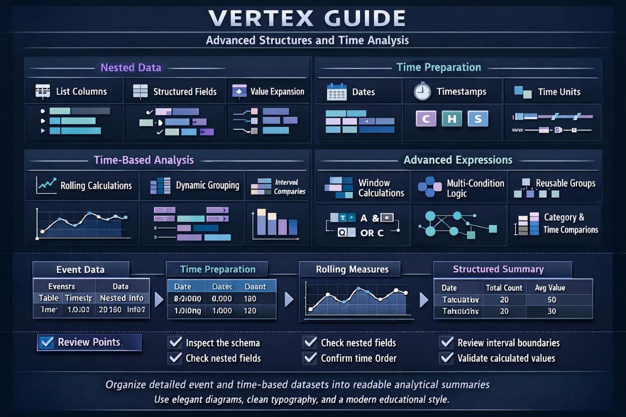 A dark navy educational infographic titled 'VERTEX GUIDE' with sections for Nested Data, Time Preparation, Time-Based Analysis, Advanced Expressions, Event Data, Time Preparation, Rolling Measures, and Structured Summary, featuring charts, tables, and checklists.