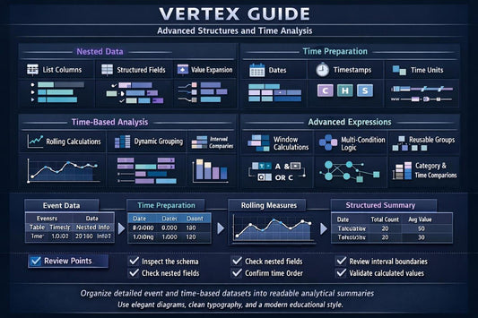A dark navy educational infographic titled 'VERTEX GUIDE' with sections for Nested Data, Time Preparation, Time-Based Analysis, Advanced Expressions, Event Data, Time Preparation, Rolling Measures, and Structured Summary, featuring charts, tables, and checklists.