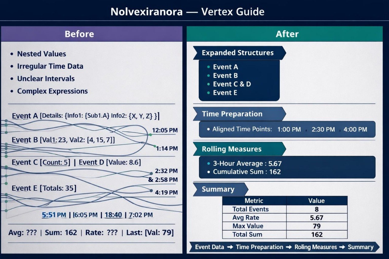 A digital infographic titled 'Nolvexiranora — Vertex Guide' comparing a 'Before' SQL query approach with an 'After' optimized approach using expanded structures, time preparation, rolling measures, and a summary table.