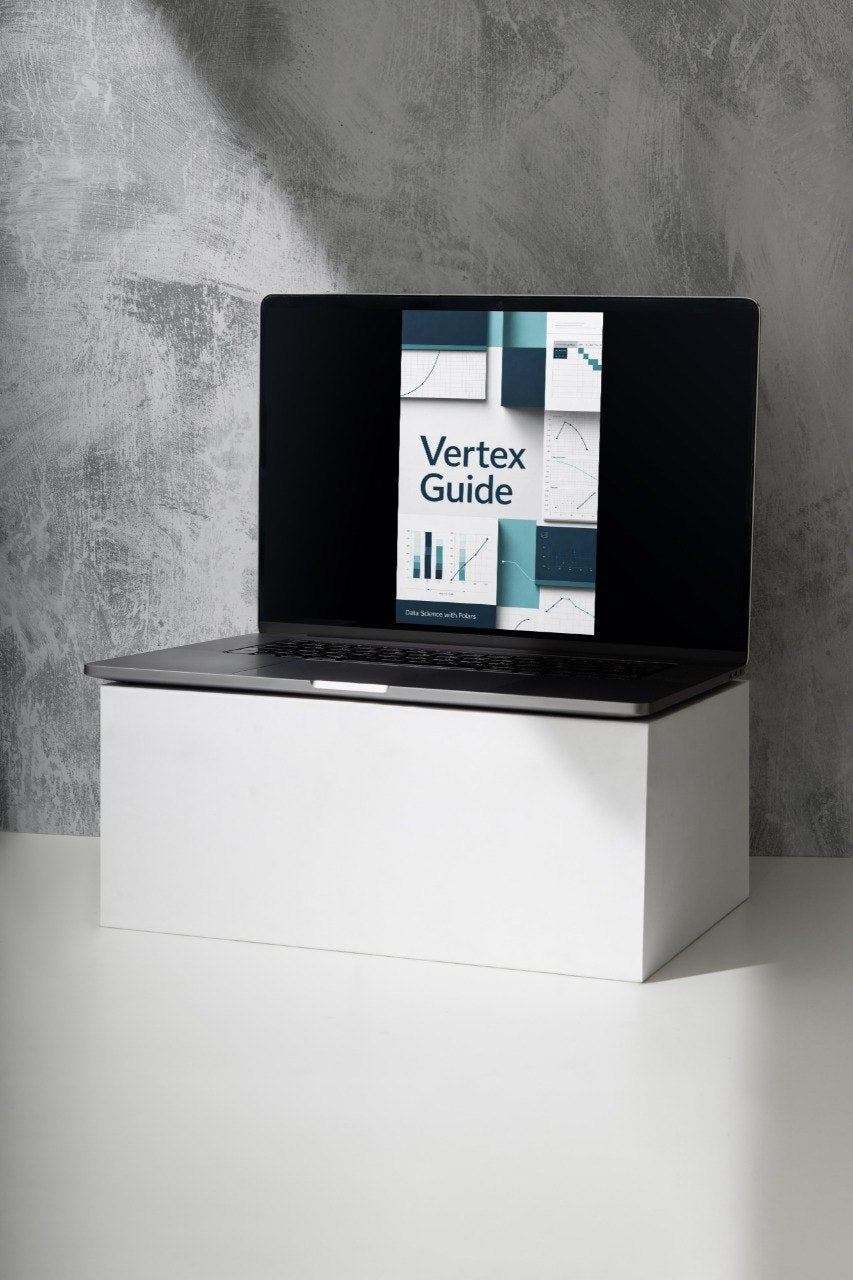 A black laptop sits open on a white pedestal against a textured gray wall, displaying a cover titled 'Vertex Guide' on its screen.